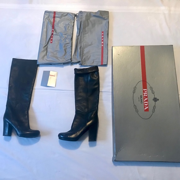 NIB Vintage Prada Cervo Shine High Heeled Boots in Black Sz. 39 - Picture 1 of 7